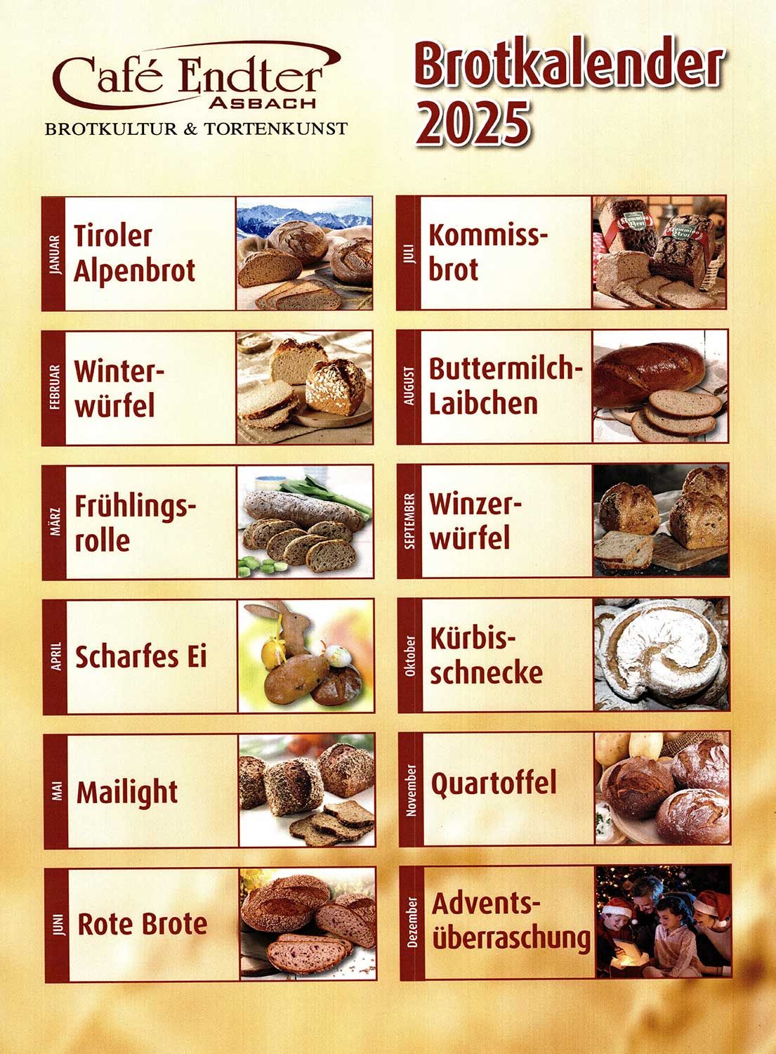 Cafe Café Endter Konditorei Bäckerei Brotkultur Tortenkunst Kaffee Kaffeespezialitäten Brot Mischbrot Weißbrot Zwiebelbrot Roggenbrot Vitalbrot Roggenvollkornbrot Dinkel-Chiabrot Holzofenbrot Hachelsteiner Hallenburger Pane Ructico